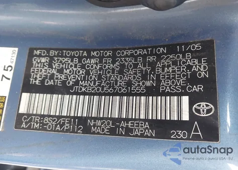 2006 Toyota Prius z USA, uszkodzony, nr VIN JTDKB20U567061555